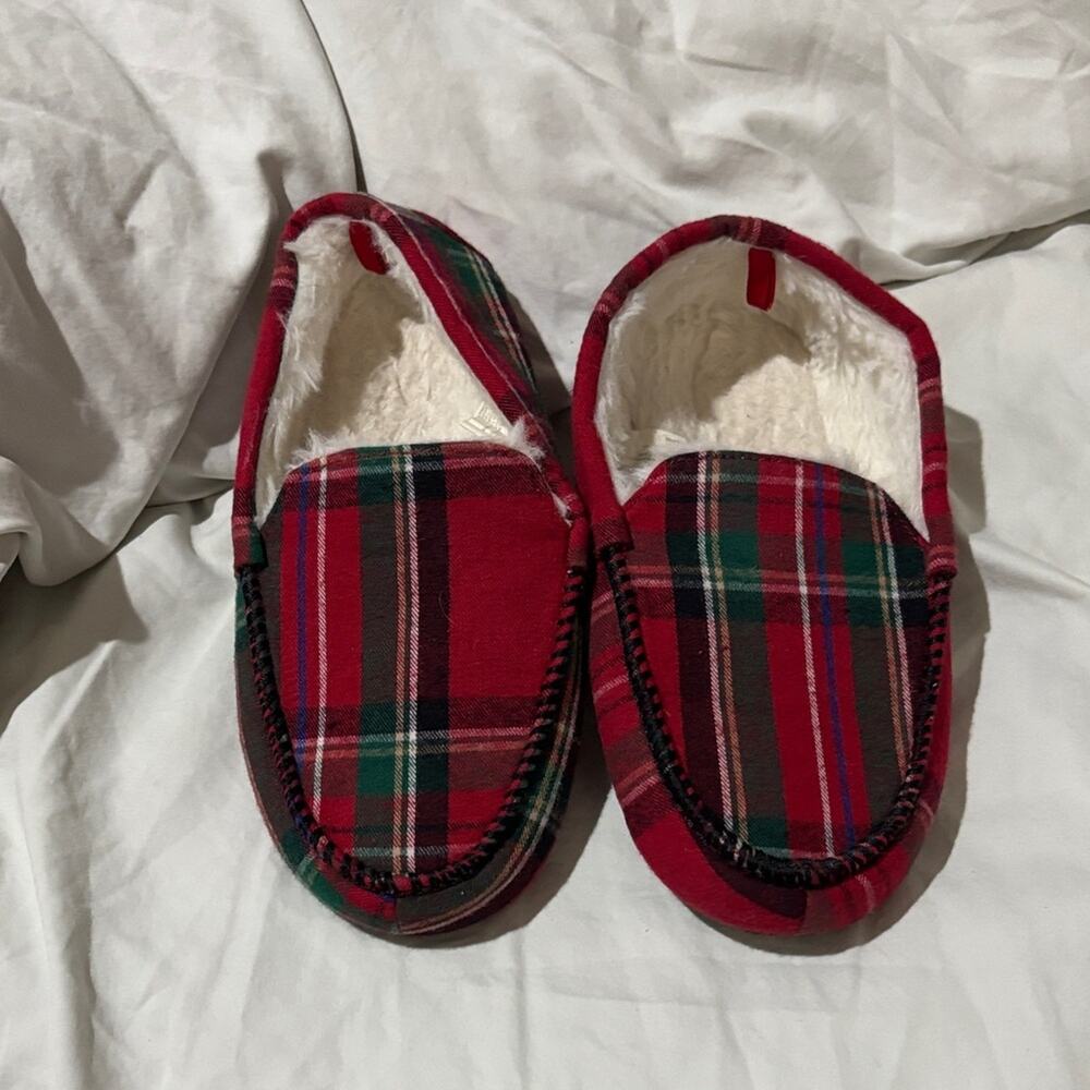 Gymboree 2/3 Christmas Plaid Kids Slippers - Red and Green guc